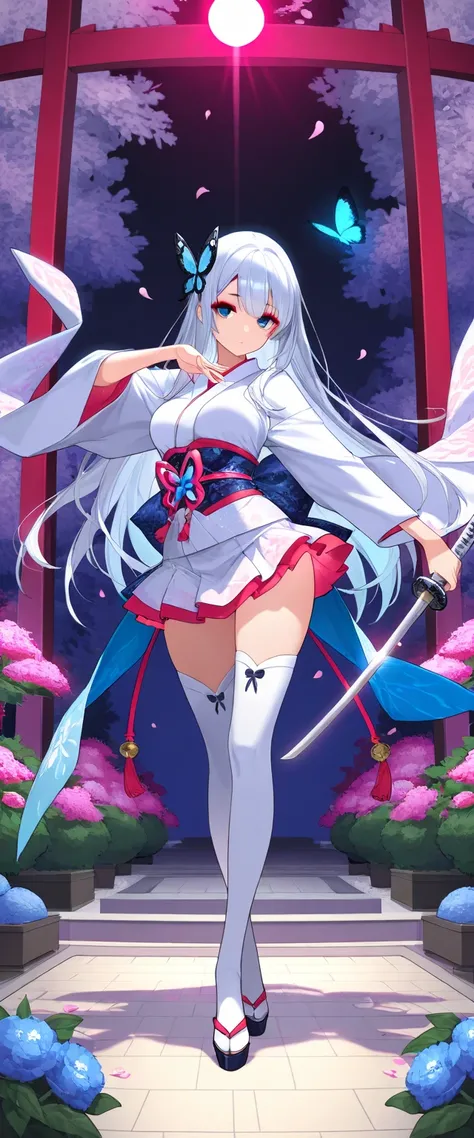 sfw,have a Japanese sword, petals dance,illusion light, flowers bloom,mysterious,in the night,medium breast, Japanese kimono, miniskirt,knee high socks,red eyeshadow, 1girl, very beautiful,waterblue eyes, silver long hair, butterfly hair ornament,illusion ...