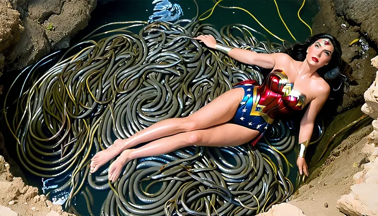 Masterpiece, high definition, beautiful face、Underwater Battle 、 Countless eels swim around in the water 、(((Insert eels into deep in the pussy))), (((a group of eels atack,Accurate eel)))、sleeping Wonder Woman and Countless Eels、 Accurate Wonder Woman cos...