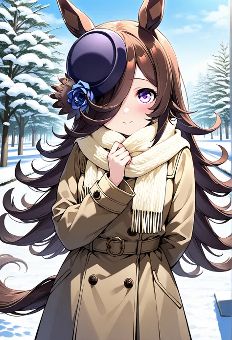 deTailed eyes,    girl,    rice shower (Uma Musume),    horse ears,       animal ears,    her hair hangs down to hide her eyes, horse Tail,   horse   girl , Tail, length、winter、 Snow Scenery 、 Long Coat 、Eat nikuman