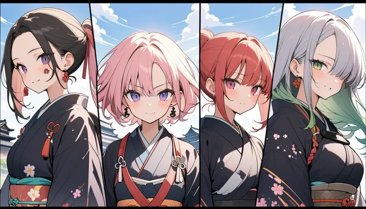 (4 split screen ,created on page 4 ,game),(Four beautiful girls : 1.3), girls ,(samurai,warrior, Japanese sword,headband,Chest guard, earrings), blonde, black hair, Hair, Silver Hair, red hair ,Blue Hair,Green Hair,Pink hair,Purple Hair, ponytail, bob cut,...