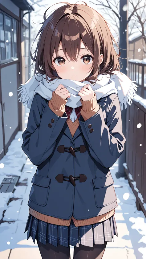  top quality， long brown hair， messy hair， brown eyes， zitoida， eyes with highlights ， 1 girl， school uniform，winter scene 