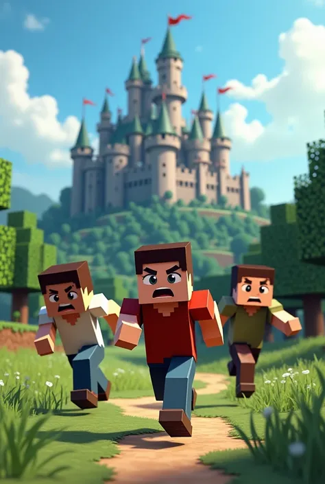 Three boys in Minecraft running away from a castle