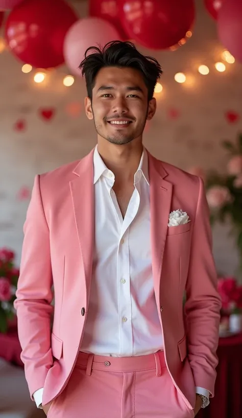   young and smiling posing directly to the camera in a festive Valentine's Day atmosphere.  He wears an elegant well-fitting pink shirt or a sophisticated pink suit ,  with subtle details that highlight his style .  Her expression is warm and natural ,  wi...