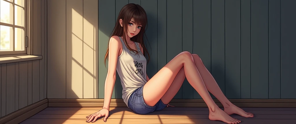 Pretty girl VN01 ,  girl, Lonely, Wearing a tattered vest、Wear a loose fitting vest、 Relaxed Vest 、Shoulder abduction、clavicle、Game_, ( wearing a small size )、(Wearing pantyhose, realistic pantyhose )、 realistic skin texture in a loud voice、Glittering Skin...