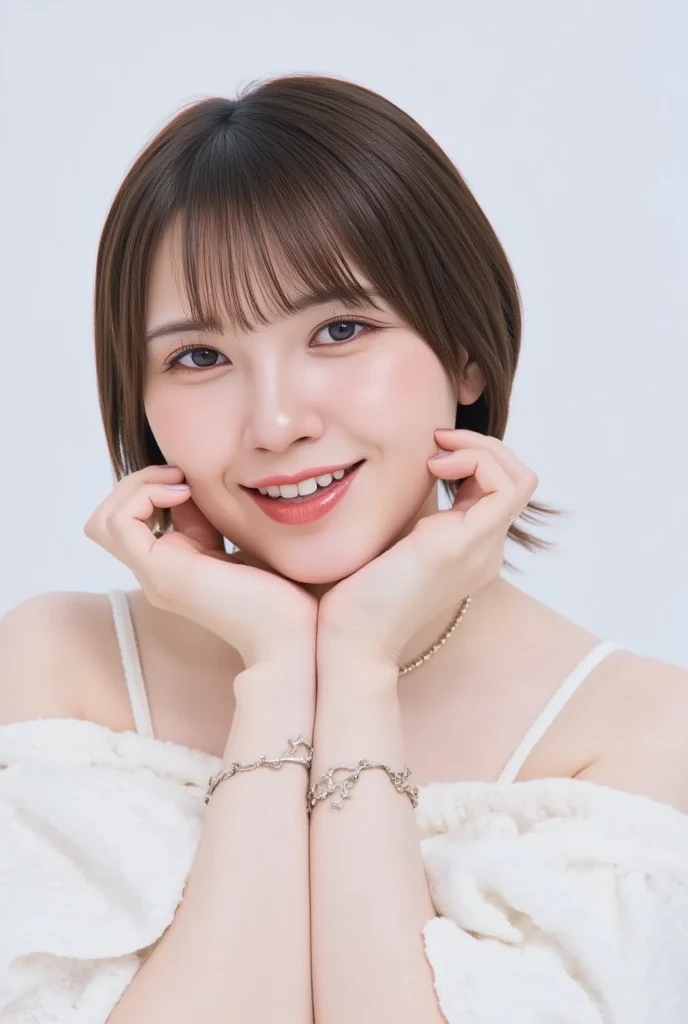 (  top quality,  Masterpiece,   HD ),   hugging a beautiful 18 year old woman 。  she wears an off-the-shoulder dress with white ruffles that only covers her chest.。Release your shoulders、優しいsmile、Please show me your teeth。Short bob  straight hair 、(  volum...