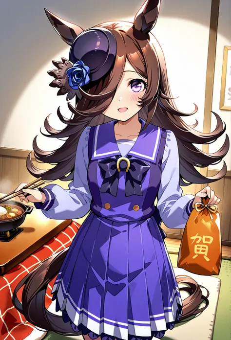 deTailed eyes,    girl,    rice shower (Uma Musume),    horse ears,       animal ears,    her hair hangs down to hide her eyes, horse Tail,   horse   girl , Tail, length、winter、Kotatsu、Eat hotpot