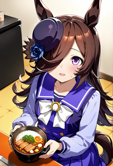 deTailed eyes,    girl,    rice shower (Uma Musume),    horse ears,       animal ears,    her hair hangs down to hide her eyes, horse Tail,   horse   girl , Tail, length、winter、Kotatsu、Eat hotpot