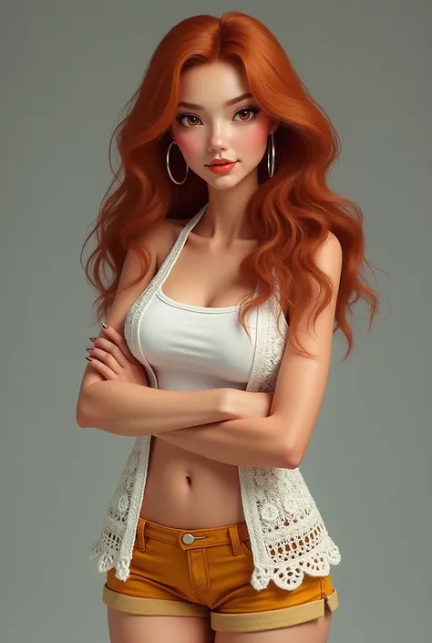 She must be a realistic woman with white skin and brown eyes she must have long caramel red wavy hair and she must wear a white crochet vest and a white tank top and burnt yellow short shorts and silver hoop earrings she must have her arms crossed