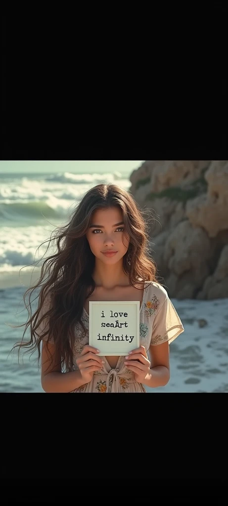 Beautiful girl with wavy long hair, bohemian dress, holding a white board with text "I Love Seaart Infinity" and showing it to the viewer