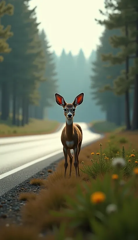 hyper-realistic, cinematic 8k masterpiece: 
A small deer stands on the side of the highway in the pine forest.