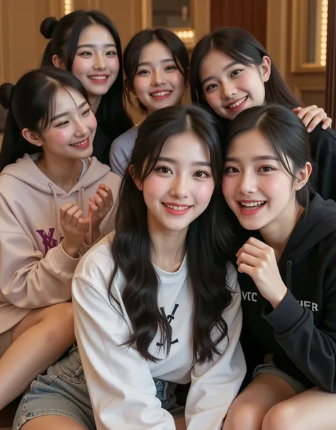 ( super cute Korean female college students clap their hands and burst out laughing:1.2)(Grinning,smile:1.2)( I'm happy:1.1)(16k,  RAW photos ,  top quality,  Masterpiece: 1.2),( glossy black hair cute bun hair )  Super Detail,  super resolution on the flo...