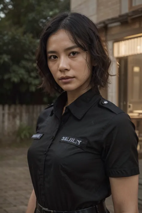 a 40 year old japanese woman with wrinkly skin, dark black hair, short hair, wavy hair, wearing a black security outfit with short sleeves, (best quality,4k,8k,highres,masterpiece:1.2),ultra-detailed,(realistic,photorealistic,photo-realistic:1.37),photorea...