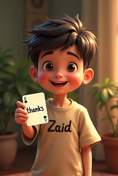 A boy with zaid name written on shirt front holding play card with thanks written on it