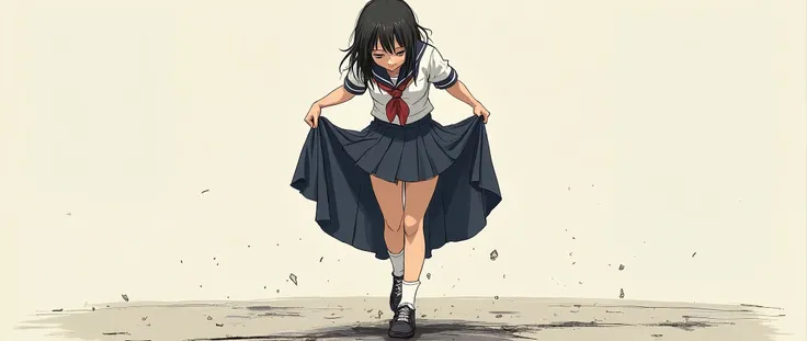  an embarrassed girl in uniform raising her skirt、 open legs、A rip in a long skirt 、 grabs a long skirt 、 change clothes、Raise one knee 、 disheveled clothes、perfect body、 low angle、 underwear can be seen through the gap between the crotches 、 angle from be...