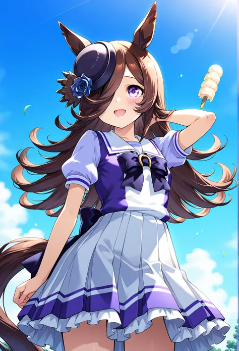 deTailed eyes,    girl,    rice shower (Uma Musume),    horse ears,       animal ears,    her hair hangs down to hide her eyes, horse Tail,   horse   girl , Tail, length、summer、 eat ice cream、Short sleeve、blue sky