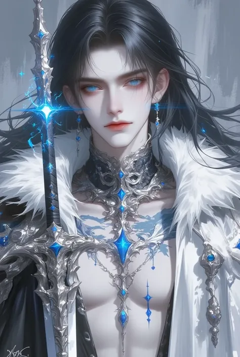 An anime male  portrait of a once-dead warrior, resurrected by dark magic, with glowing spectral blue eyes and raven-black hair. His exposed chest is etched with battle scars and the sigils of necromantic power. He holds a cursed sword that hums with the s...