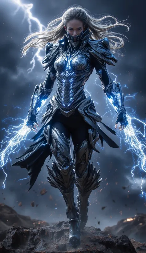 A fierce and striking female warrior with glowing lightning powers, standing in a dynamic pose on a stormy battlefield. She wears intricate armor with glowing blue accents, her hair flowing in the wind as lightning crackles around her. The background featu...