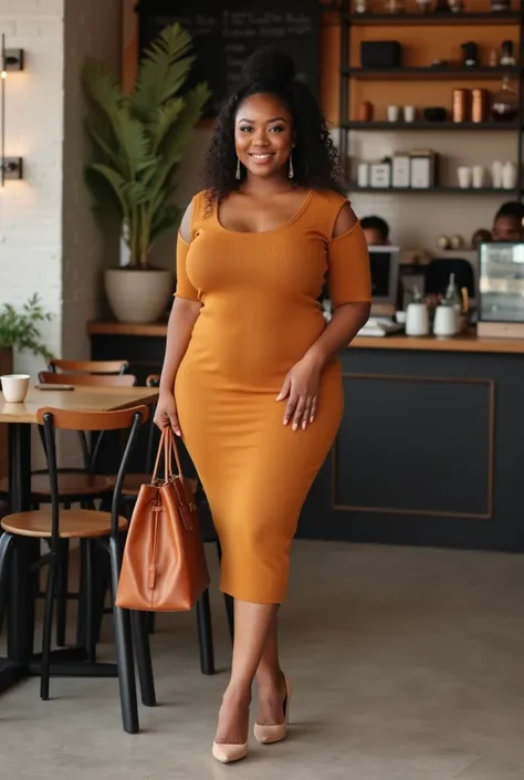 A curvaceous Black woman in a fitted knit midi dress in warm caramel, featuring a square neckline and side cut-outs. She wears nude heels and a leather tote bag. Her hair is styled in a high puff. The setting is a chic coffee shop with modern decor.

