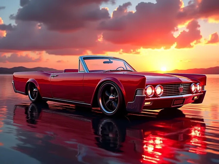 A shiny glowing vivid paint Liberty Walk Widebody 1962 Lincoln Continental open top cabrio JDM racing performance Need for Speed style, dazzling reflection of light on sleek surfaces, ultra-detailed and realistic. Captivating atmosphere within an ultra-tec...