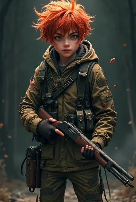 Creepy and crazy anime boy with red hair and wears hunter clothes and is armed with a shotgun and knives 