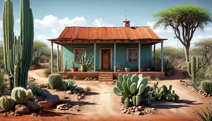 a dirt road, A little house in the garden, cactus, caatinga,  hyper realistic image 