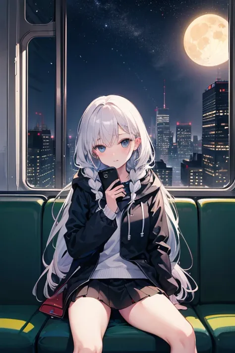   attention to detail ,  Super Detail,  ultra high resolution, The girl on the train ,  miniskirt, Relaxed parka,  long hair,  braids, Hair color is white, She's sitting on a train chair , Late Night,  midnight, Cityscape, A row of skyscrapers, I can see t...