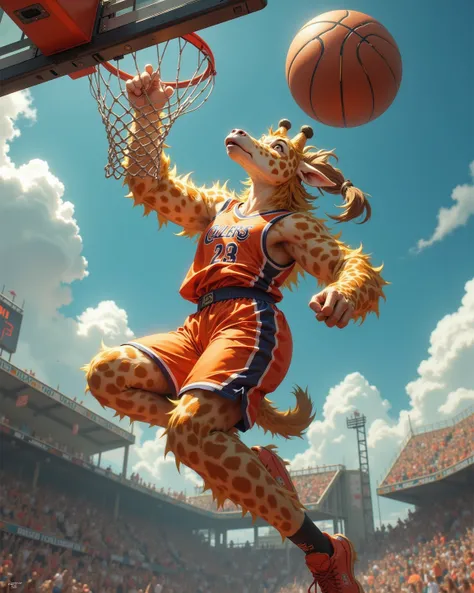 furry , (1 giraffe girl , petit tits  , ponytail , baggy basketball uniform , dunk shoot) , (areola:0.8)