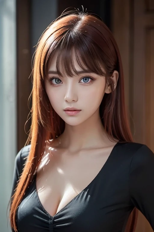 girl with long red hair, heterochromic eye , blue-white skin, flat chest, is wearing a black dress and a crisp pink blouse, A girl of, something that matches a mysterious and strong personality. whole, her look will catch the eye , attract curiosity and an...