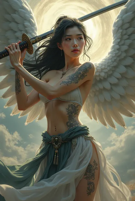 日本のwoman僧侶、Sexy、  Super muscular 、  、woman、 beautiful long hair   、  Japanese sword、Fallen Angel 、    Exorcist    、Guardian Angel、   tattoo、 