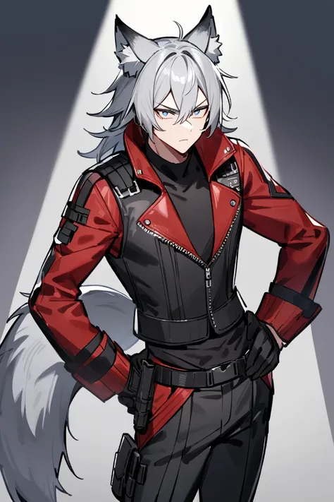 A boy, silver eyes, long silver hair with black tips, white and black shirt, red and black gloves, black and red open leather jacket, open black vest, black tactical pants, holster on his hips, black boots, gray wolf ears, wolf tail