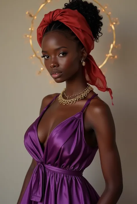 Femme africaine noir lèvre pulpeuse 20ans belle poitrine ange développer cheveux crépus avec foulard rouge, yeux marrons, lèvre rouge belle robe en soi violette