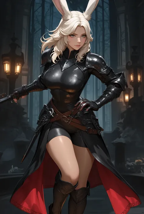 ((((  Masterpiece)))), ((((  top quality)))),   high resolution,fine grain,  detailed face,   wet,viera,The Dark Knight,   Greatswords ,  Armor only ,   action, big breasts and strabismus ,   full body shot 