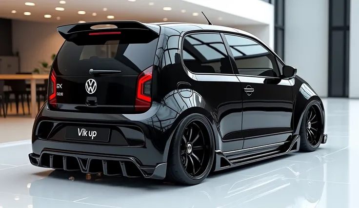    create an ultra-detailed 3D render  (close left side)of a modern(2026  VW up with a bold designy  looking long like limousine captured from (close left side ) The car should feature a 'Gleamy oily (Vik Black)' color and black accents with a 'vw up) logo...