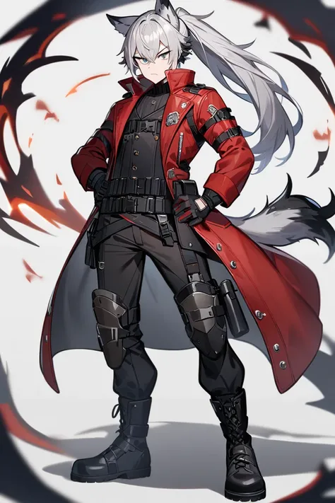 A boy, silver eyes, long silver hair with black tips, ponytail, white and black shirt, red and black gloves, black and red leather coat, open black vest, black tactical pants, holster on his hips, black boots, gray wolf ears, wolf tail