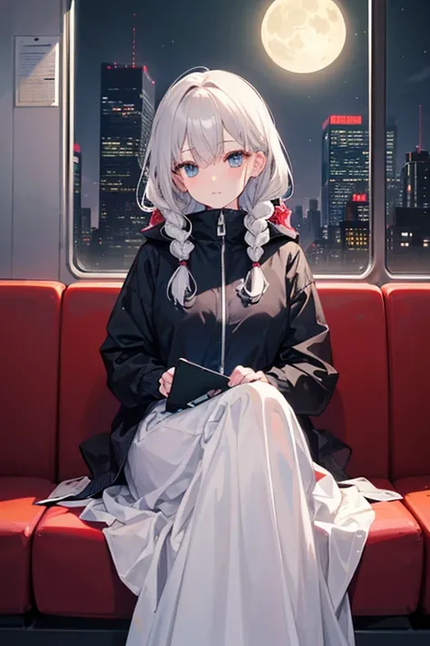   attention to detail ,  Super Detail,  ultra high resolution, The girl on the train ,  long skirt, Relaxed parka,  long hair,  braids, Hair color is white, She's sitting on a train chair , Late Night,  midnight, Cityscape, A row of skyscrapers, I can see ...