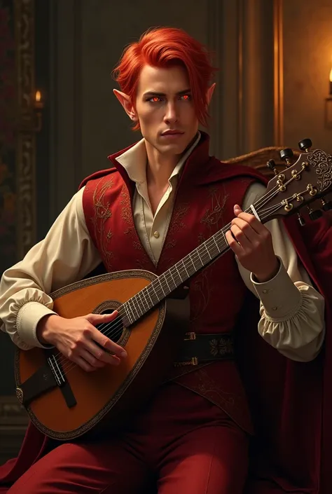 Male fire elf dressed smartly playing the lute