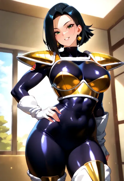 **"A stunning, highly detailed depiction of a sexy female Saiyan, designed as a masterpiece in 4K. She has long, wild, jet-black hair styled in thick, spiky locks cascading down her back, with a few strands framing her flawlessly detailed face. Her sharp, ...