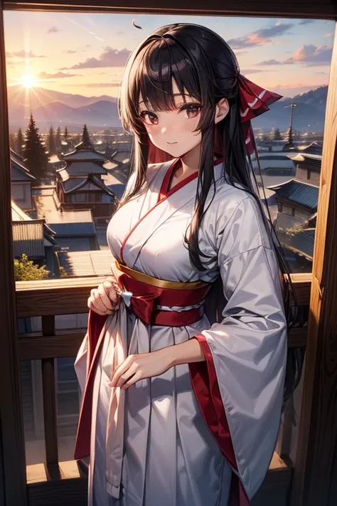  perfect quality　((Exact shape:1.7))　Shrine maiden costume　Scarlet hakama　首元のExact shapeの服　Age 25　 long hair　 Shrine grounds　 Snow Scenery 　 sunrise