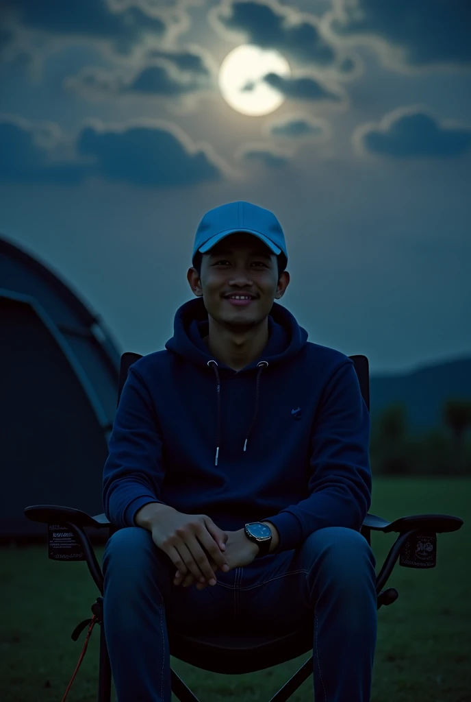 facing forward, Cool style photography ,  dark night atmosphere with cloudy cloud behind moon ,  Young and handsome Sundanese man ,  wearing high black NIKE shoes ,  wearing a  white baseball cap ,  wearing blue dark hoodie ,  wearing a black bracelet in h...