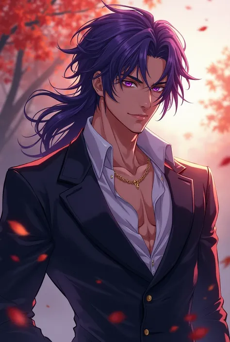 Create the most handsome anime character with purple hair and eyes which in fall and manly with athletic figure 