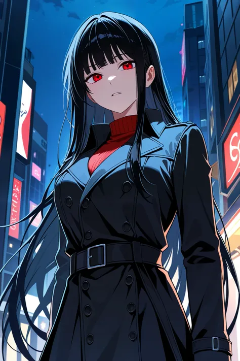 Anime character, long black hair, black trench coat, red eyes, cool woman, night view