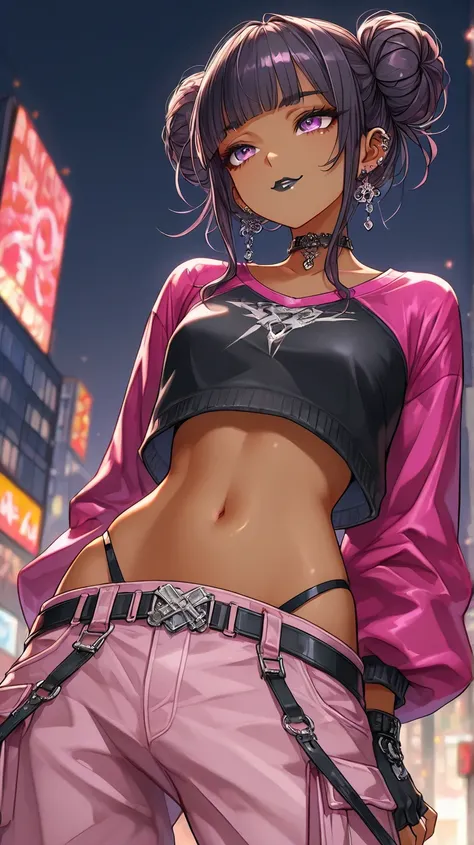 1Girl, Mature, Light Brown Skin, Dark Purple Eyes, Medium Wavy Jet Black Hair, Blunt Bangs, Double Bun, Black Lipstick, Smirk, Glint, Hands Behind Back, Black And Red High-Cut Long-Sleeve Shirt, Exposed Stomach And Waist, Bright Pink Baggy Cargo Pants, Exp...