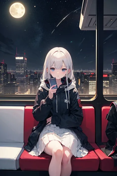   attention to detail ,  Super Detail,  ultra high resolution, The girl on the train ,  long skirt, Relaxed parka,  long hair, Hair color is white, She's sitting on a train chair , Late Night,  midnight, Cityscape, A row of skyscrapers, I can see the full ...