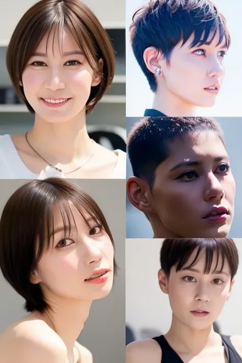  Contact sheet with 4 images of a woman "Yukirinu/ ゆきりぬ", preparing for the haircut, from happy super long to Sad super super short Spiky buzzcut with a "High fade" undercut and a side shave, cropped hair, very extreme short hair, sides skin, skin undercut...