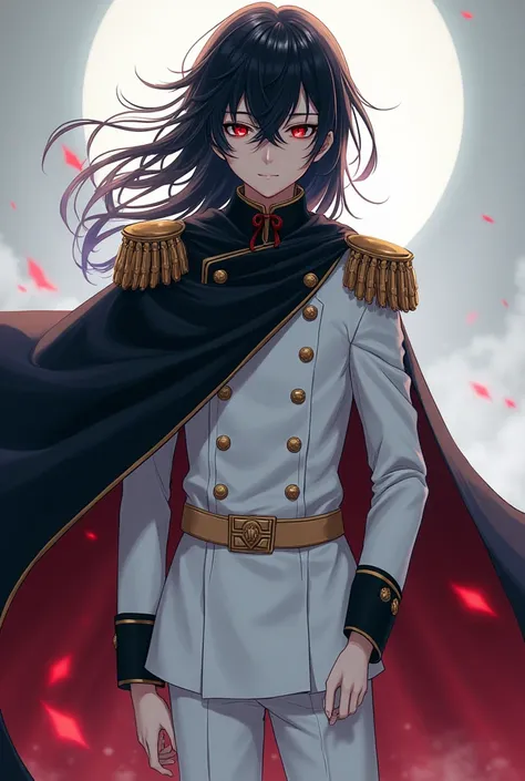 handsome boy in white military uniform anime red eyes full body cloak hair long hair color black