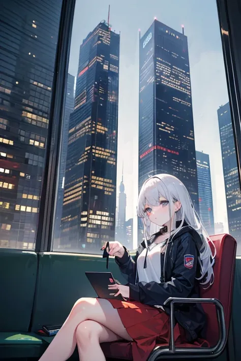   attention to detail ,  Super Detail,  ultra high resolution, The girl on the train ,  long skirt, Relaxed parka,  long hair, Hair color is white, She's sitting on a train chair , Late Night,  midnight, Cityscape, A row of skyscrapers, I can see the full ...