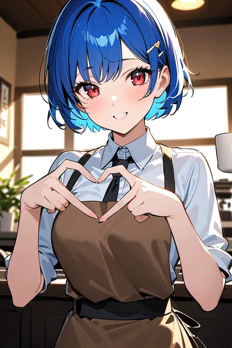 1 girl, masterpiece,  high resolution, accurate,  high detail, 
A blue-haired, short-haired high school girl with red eyes working as a barista in a cafe. She's wearing a white shirt, black tie, and black chinos. ,A cozy and inviting café. heart hands, win...