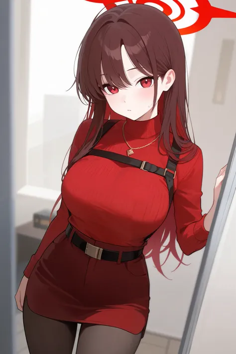 1 girl, Hair length reaches the back, Brown hair and red hair on the edges of the hair, red eyes, but not bright, wear a sexy work outfit, หน้าอกไซส์ปานกลาง, have a red halo