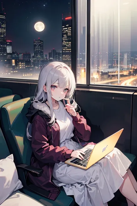   attention to detail ,  Super Detail,  Ultra High Resolution, The girl on the train ,  long skirt, Relaxed parka,  long hair, Hair color is white, She's sitting on a train chair , Late Night,  midnight, Cityscape, A row of skyscrapers, I can see the full ...