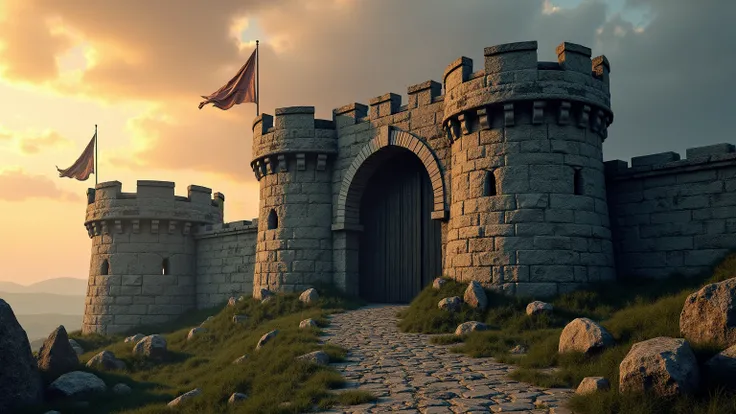  The centuries-old stone fortress stands firmly on the hill ,  with outdated flags fluttering in the wind .  The moss-filled walls and the huge wooden gates bear silent witness to the past.  The twilight sun colors the sky with golden orange , adds to the ...